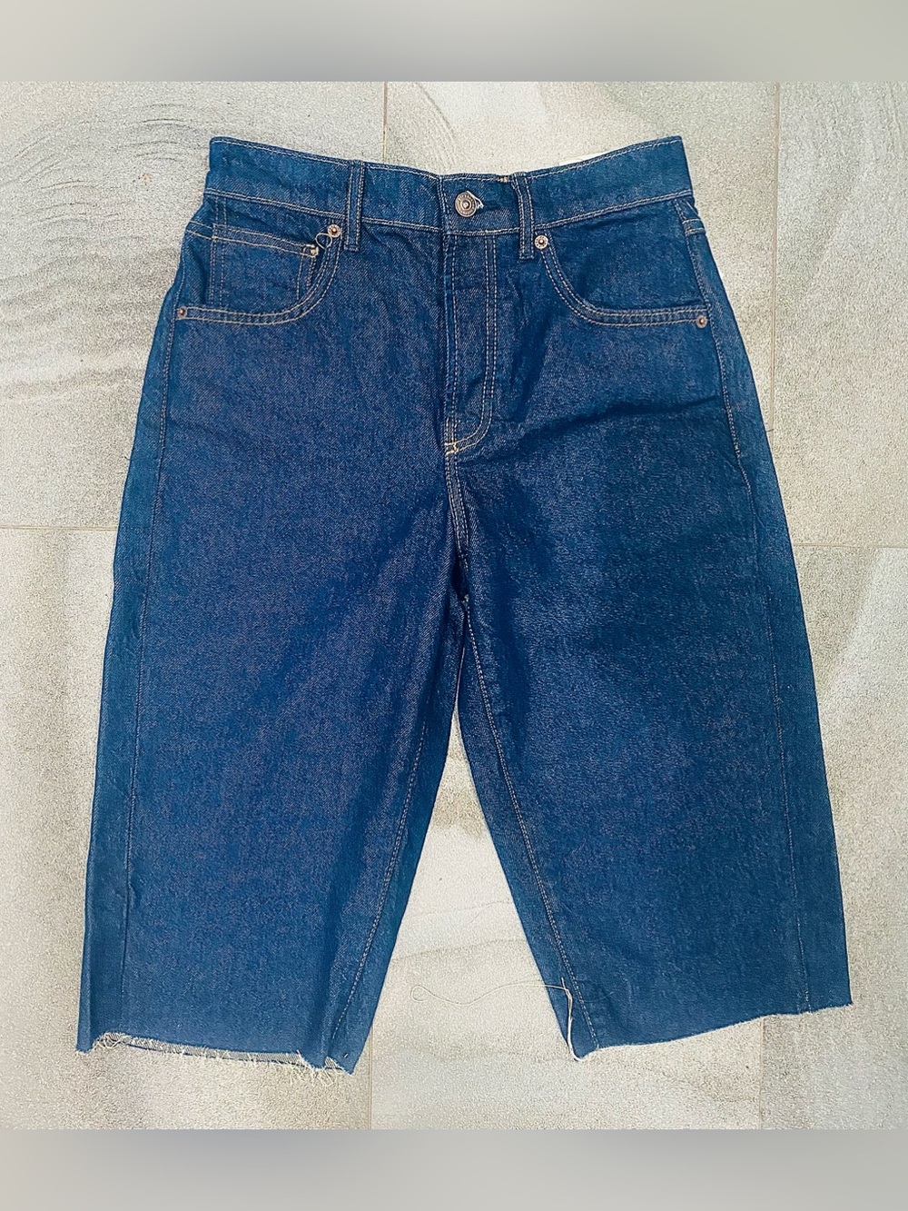 Free People Womens Dark Wash Denim Jam Session Relaxed Long Jean Shorts NWOT